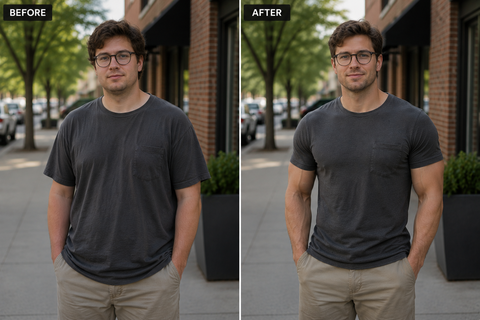 Man before and after PhysiqueAI natural physique enhancement