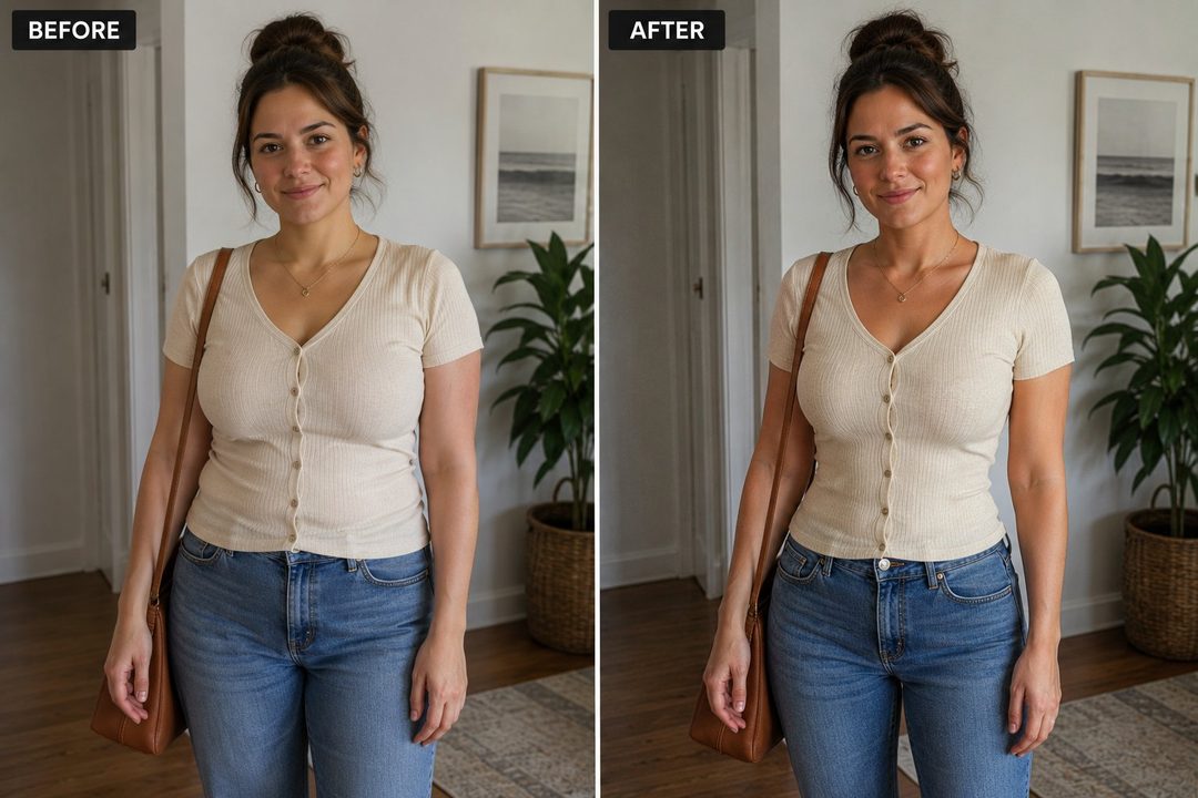 Woman before and after PhysiqueAI sharper waistline enhancement