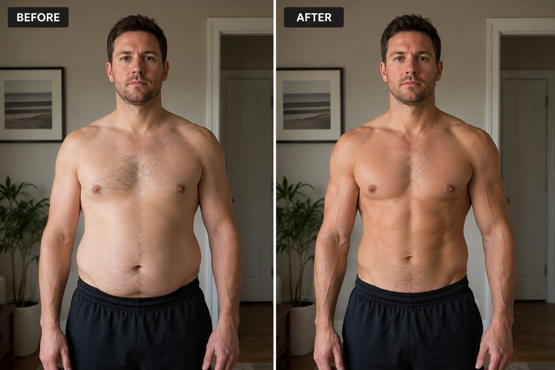 Man before and after PhysiqueAI leaner defined frame enhancement