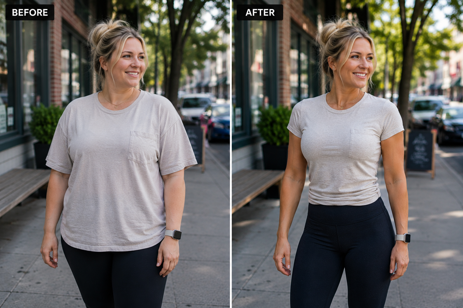 Woman before and after PhysiqueAI bold outdoor physique enhancement