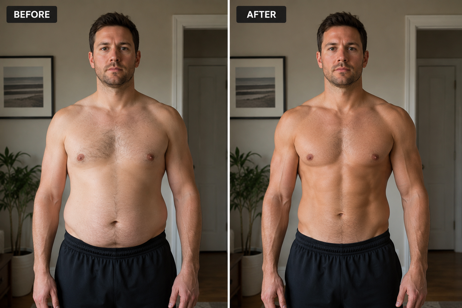 Shirtless man before and after PhysiqueAI bold torso enhancement
